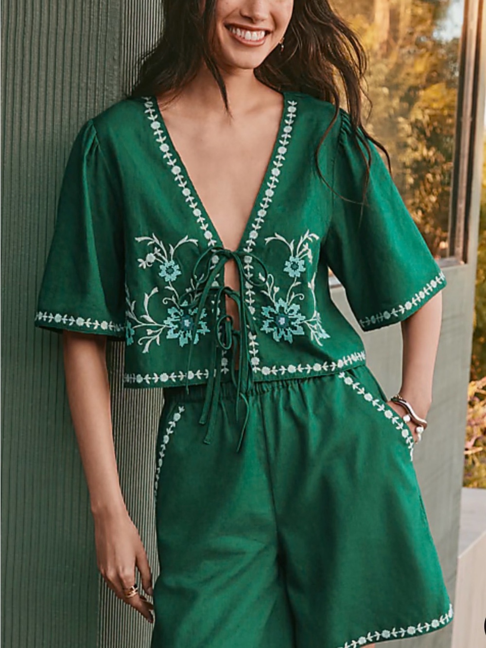 LOFT Teal Green Embroidered High-Waist Shorts Set Size Small (see description)